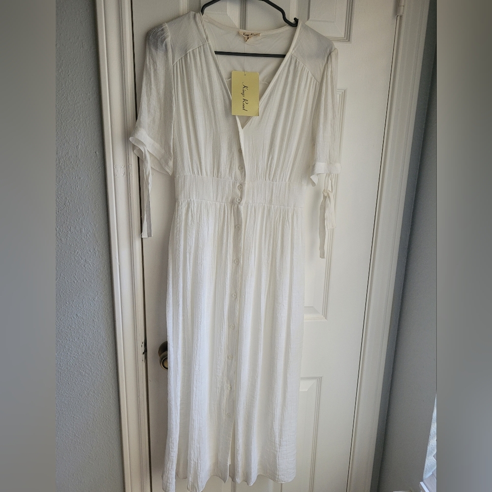 Kings Road Women’s Size Small White Dress Gauzy Ribbon Button Front Midi S